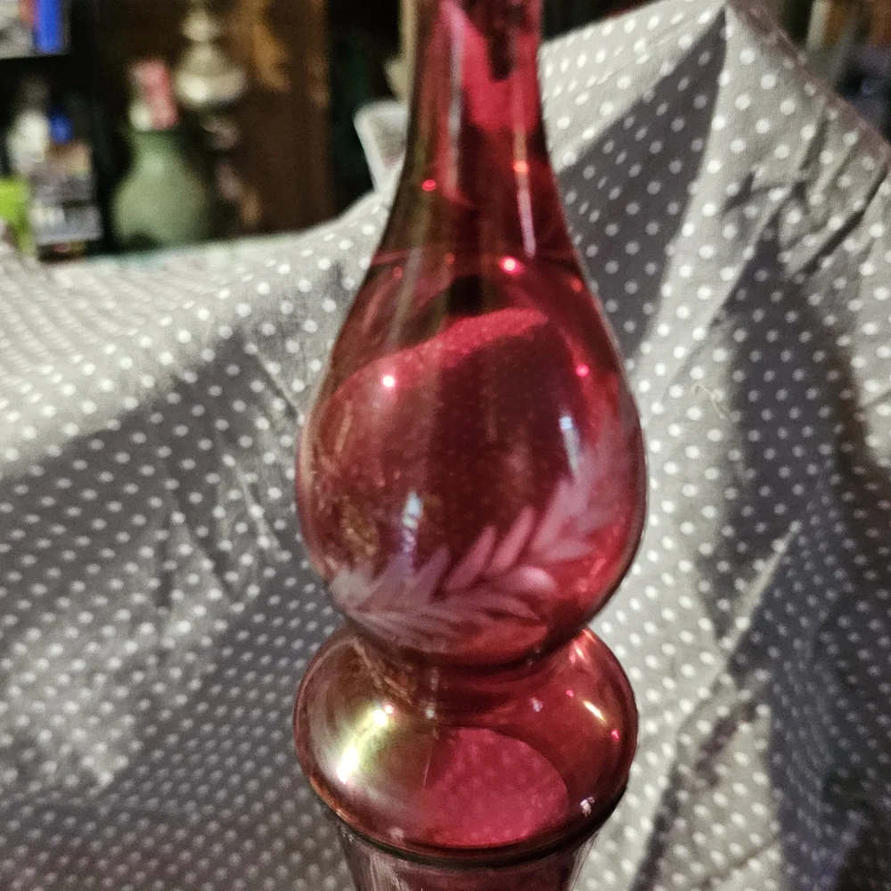 Ruby Red Etched Glass Decanter Set - 6 Stemmed Glasses